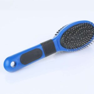 Ergonomic blue hairbrush with metal bristles for gentle detangling and comfortable grip.