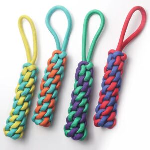 Colorful braided rope toys for pets, made from durable paracord in vibrant hues.