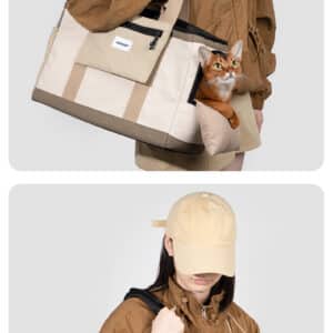 Chic model in wind-resistant jacket with dog in stylish tote bag against a minimalist background.