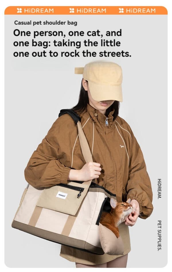 Trendy woman in oversized jacket with ginger cat in stylish pet shoulder bag.