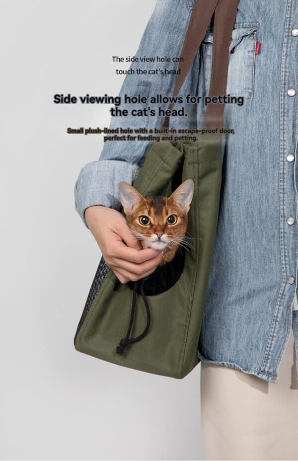 Trendy olive green cat carrier with peekaboo opening and secure drawstring closure for pet comfort.