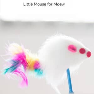 Vibrant plush mouse toy for cats, featuring fluffy white body and colorful feather accents.