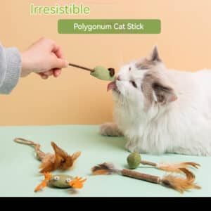 Fluffy cat excitedly plays with vibrant green Polygonum Cat Stick against a pastel backdrop.