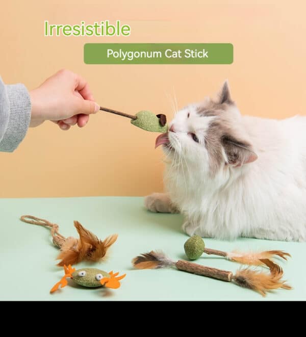 Fluffy cat excitedly plays with vibrant green Polygonum Cat Stick against a pastel backdrop.