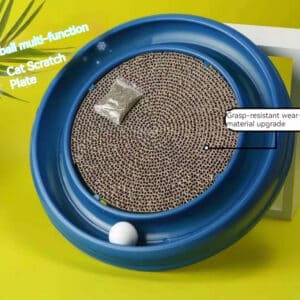 Interactive cat scratch plate with ball and catnip for playful scratching and engagement.