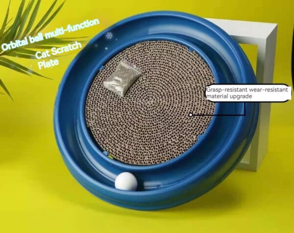 Interactive cat scratch plate with ball and catnip for playful scratching and engagement.