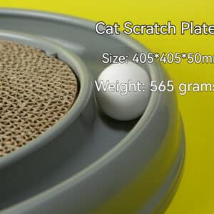 Interactive cat scratch plate with textured surface and playful ball for feline fun.