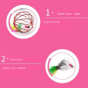 Durable cat toy featuring a strong wire cage and a colorful fluffy mouse for playful engagement.