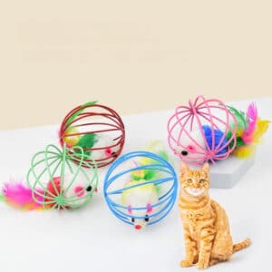 Playful orange tabby cat exploring colorful interactive toys in a vibrant and joyful scene.