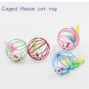 Vibrant caged mouse cat toys with plush bodies and feathers for interactive feline fun.