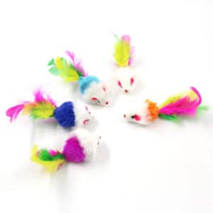 Colorful toy mice with feather tails, displaying playful designs and vibrant hues for imaginative fun.