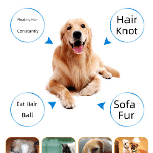 Humorous poster showcasing dog hair challenges and joys of pet ownership with a golden retriever.