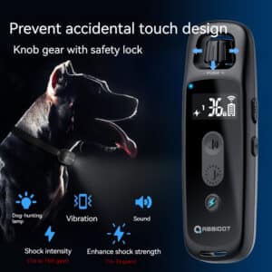 Sleek dog training remote with adjustable settings, displayed with an attentive black dog.