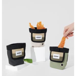 Modern fabric storage pouches in black, cream, and green, showcasing vibrant snacks and stylish design.