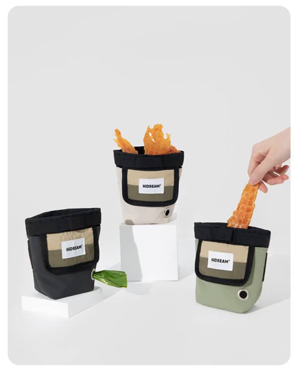 Modern fabric storage pouches in black, cream, and green, showcasing vibrant snacks and stylish design.