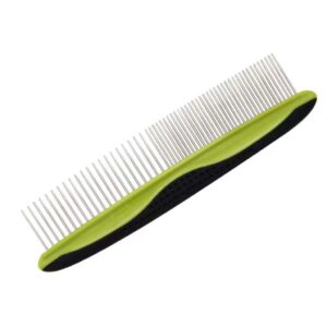 Vibrant green ergonomic hair comb with metal teeth for precise detangling and styling.