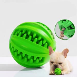 Bright green dog ball toy with textured surface and treat dispenser for engaging playtime fun.