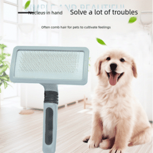 Effortless pet grooming with a slicker brush and a joyful puppy in a bright home.