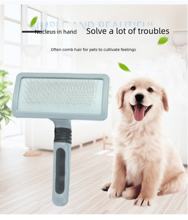 Effortless pet grooming with a slicker brush and a joyful puppy in a bright home.