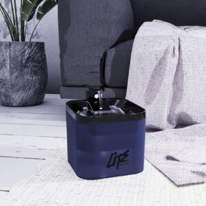 Sleek navy container with Life design enhances modern living rooms cozy, elegant vibe.