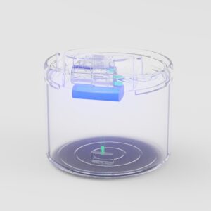 Modern transparent cylindrical container with blue mechanism and green indicator light for advanced functionality.