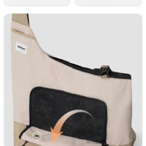 Modern beige pet carrier with dual zippers, adjustable strap, and roll-up window for comfort.