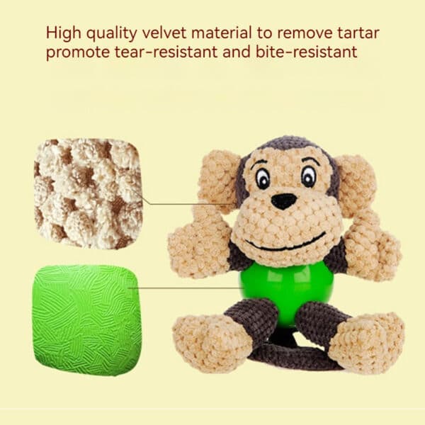 Vibrant monkey dog toy promotes dental health with textured surface, tear-resistant and durable design.