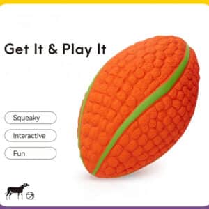 Vibrant orange football squeaky toy for dogs, promoting interactive fun and engagement during play.