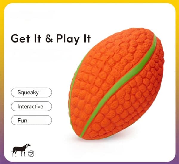 Vibrant orange football squeaky toy for dogs, promoting interactive fun and engagement during play.