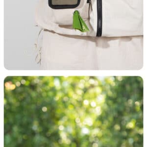 Stylish outdoor jacket with plant, paired with organized garden containers on natural wood backdrop.