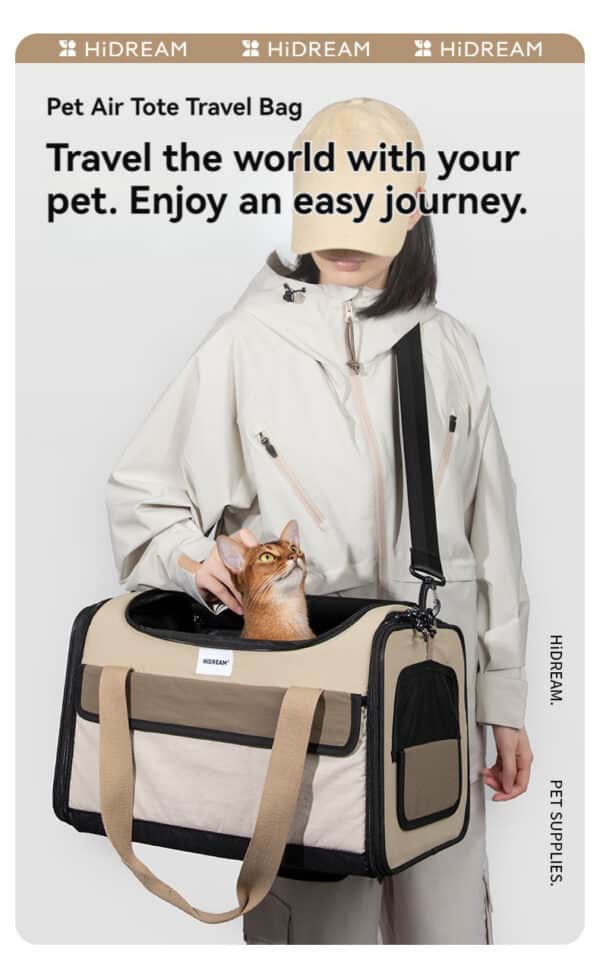 Chic beige pet travel bag with cat, ideal for stylish and comfortable pet adventures.