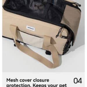 Comfortable beige pet carrier with mesh ventilation and durable handles for stress-free travel.