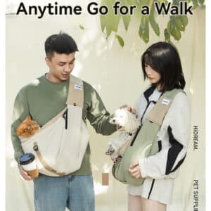 Trendy couple enjoys outdoor fun with stylish crossbody pet carrier and coffee.