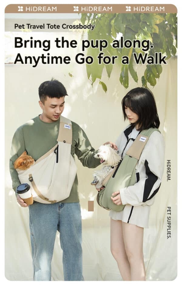 Trendy couple enjoys outdoor fun with stylish crossbody pet carrier and coffee.