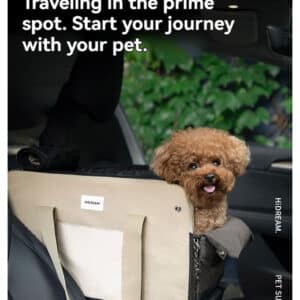 Cozy pet carrier with a curious dog, perfect for stylish adventures on the road.