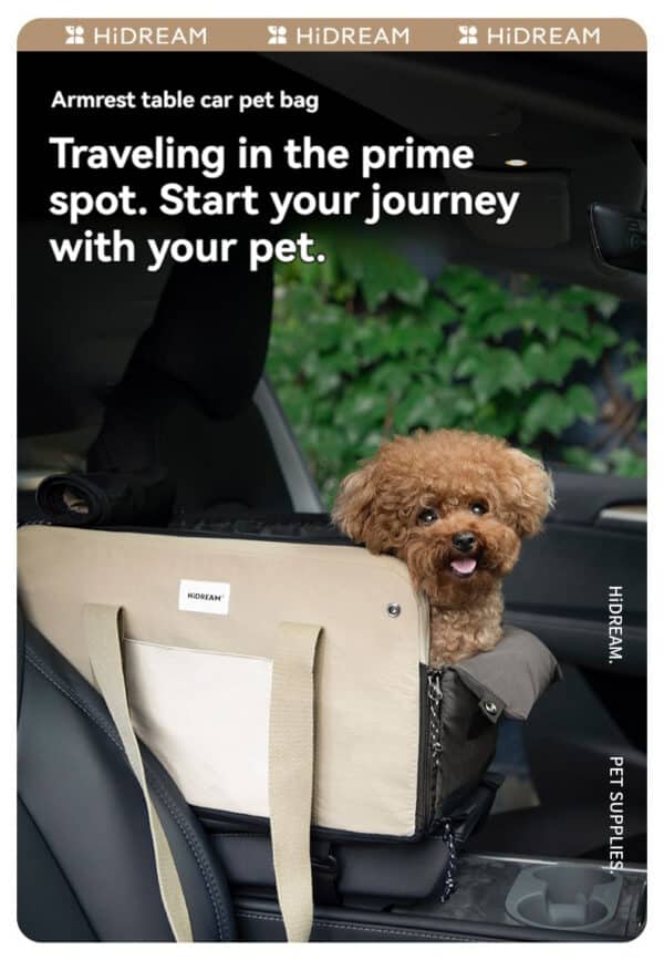 Cozy pet carrier with a curious dog, perfect for stylish adventures on the road.