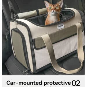 Stylish pet carrier for cats, securely mounts in cars with ventilation and storage pockets.