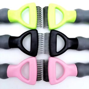 Colorful ergonomic pet grooming combs in green, black, and pink for effective fur care.