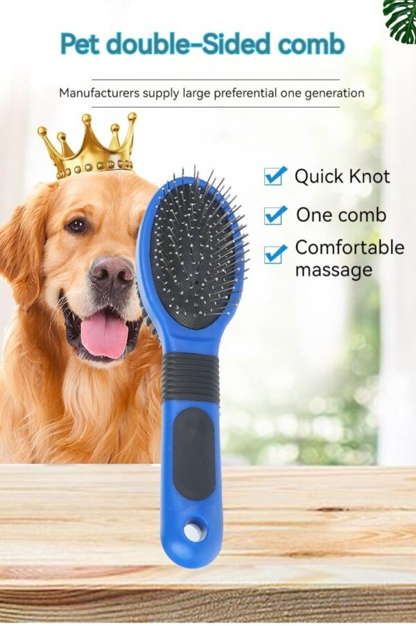 Vibrant dual-sided grooming comb for dogs, featuring detangling and massage bristles for happy pets.