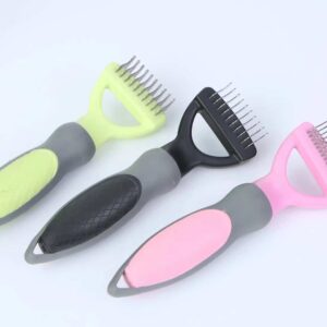 Ergonomic pet grooming tools in vibrant yellow, sleek black, and soft pink for easy detangling.