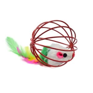 Vibrant mouse toy in a red wire cage for engaging playtime with pets.