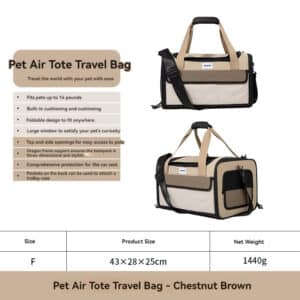 Stylish chestnut brown pet travel tote for comfort and convenience, suitable for pets up to 14 pounds.