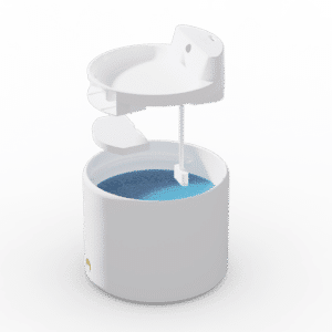 Modern white pet water fountain with blue gradient liquid and functional dispenser lid.