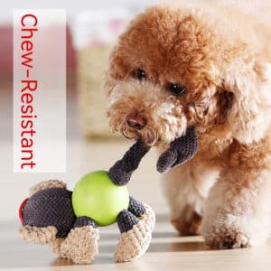 Golden-brown poodle happily plays with a durable, colorful chew toy in a cozy home.