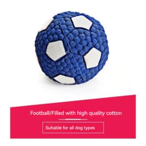 Bright blue plush soccer ball toy for dogs, soft, durable, and squeaky for endless fun.