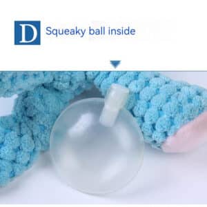 Soft blue plush pet toy with squeaky ball for interactive play and comfort.