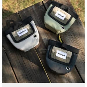 Stylish, durable outdoor pouches in gray, olive green, and charcoal with customizable labels.