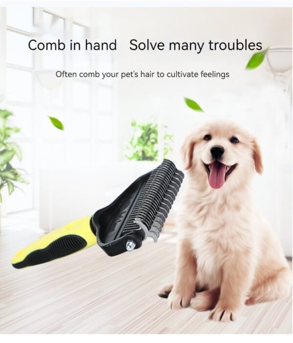 Fluffy puppy with grooming comb: strengthening bonds through care and playfulness.