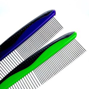 Vibrant purple and green hair combs with sleek black handles for stylish detangling and grooming.