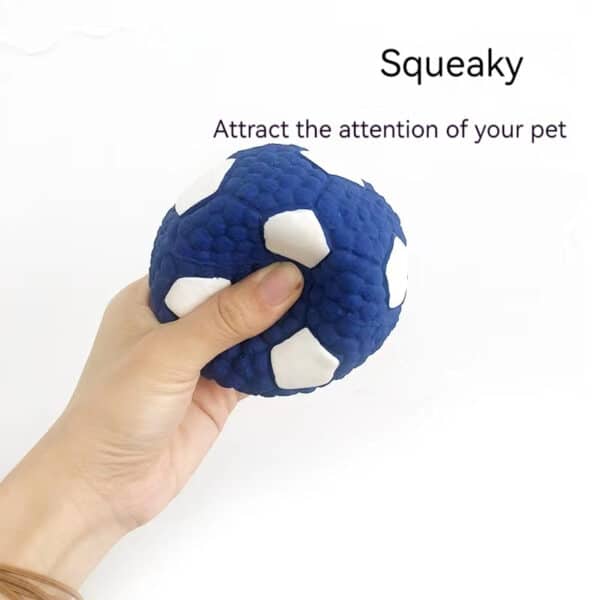 Soft blue and white squeaky soccer ball toy for pets, perfect for fun playtime.